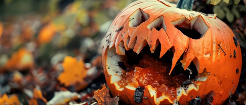 A carved pumpkin with a jagged smile and hollow eyes sits on the ground, filled with pumpkin guts, surrounded by colorful autumn leaves.