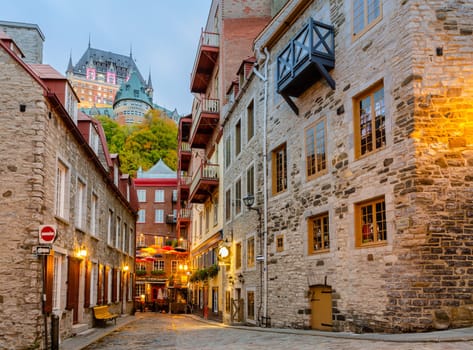 Quebec, Canada - October 16, 2018: Twilight View of Rue du Petit-Champlain little street in Lower town of Old Quebec city in Quebec, Canada.