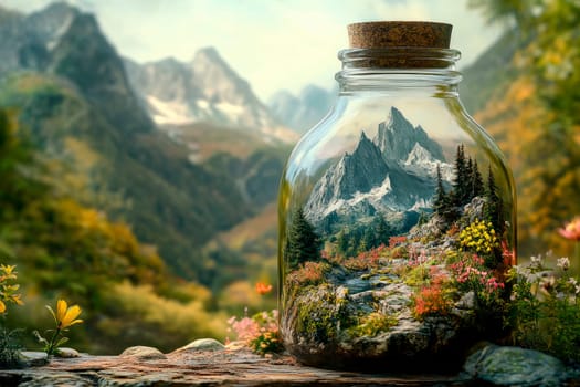 Corked glass bottle with amazing natural landscape. AI generated