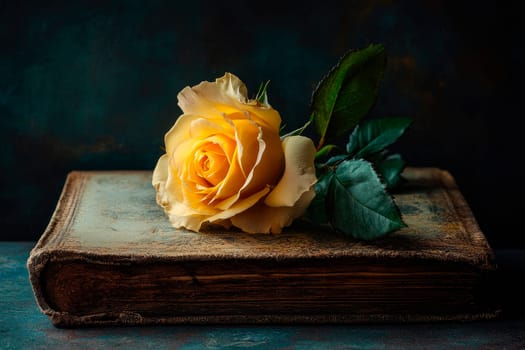 Old book on the table with a yellow rose, close-up view. AI generated