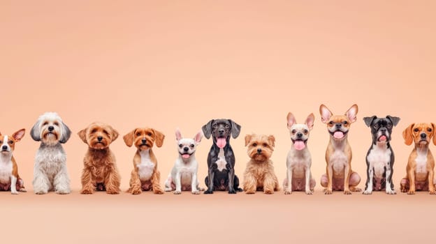 Various breeded dogs sitting on a light beige color background. AI generated