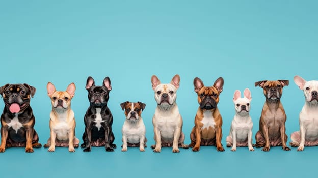 Various breeded dogs sitting on a blue color background. AI generated