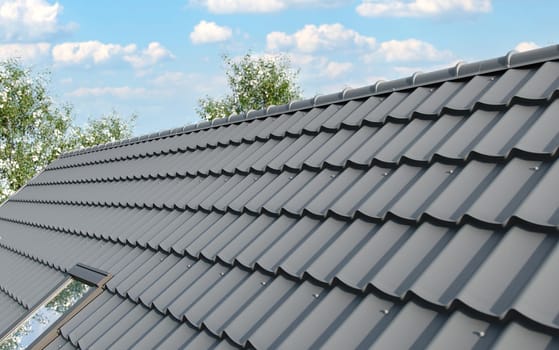Close-up house roof with steel roofing sheet. Traditional metal shingle tiles. Gray modular tile effect roof panel. Profiled metallic corrugated pantile as clay or concrete slate. Building's covering