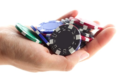 multicolor poker chips handful isolated on white background. closeup horizontal shot. another similar shots available