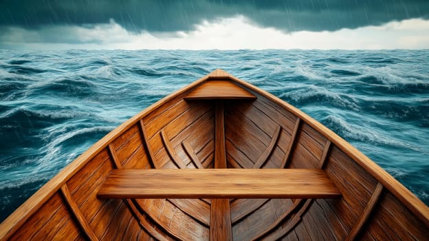 Lonely wooden boat in the middle of a raging storm. AI generated