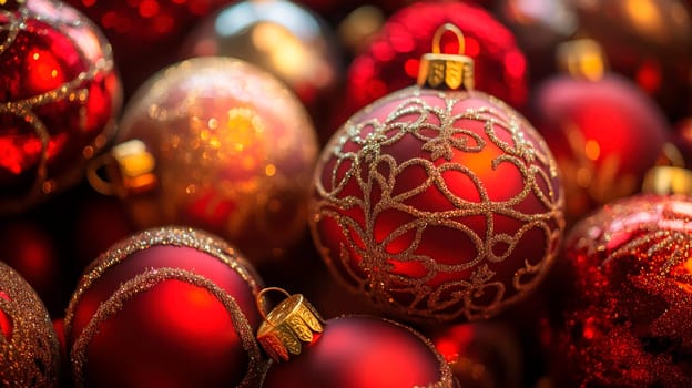 Close-up of red Christmas ornaments, showing the warmth of holiday lights. AI generated