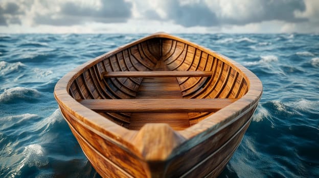 Empty wooden boat in the middle of a raging storm. AI generated