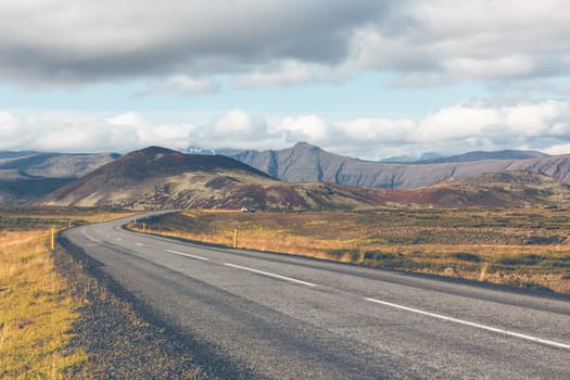 Endless Highway through Icelandic landscape. Filtered shot