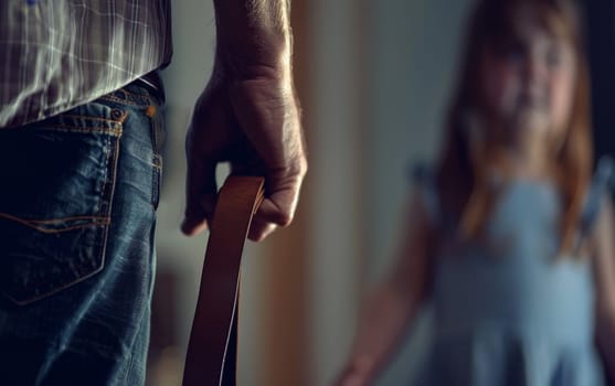 An adult man holding a belt stands in the foreground, symbolizing a looming punishment, with a child visible in the background, capturing a moment of family conflict within a domestic setting