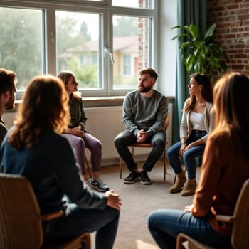 A diverse group of people sitting in a circle during a therapy or support group session, engaging in conversation in a bright room with large windows.