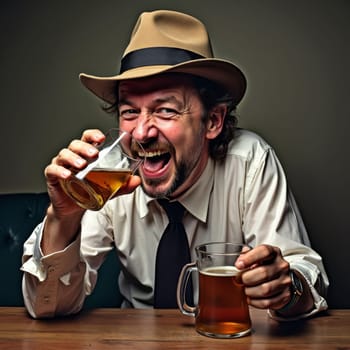 A middle-aged man in a fedora hat and white shirt enthusiastically drinking from a glass while holding a mug of beer, expressing joy and excitement.