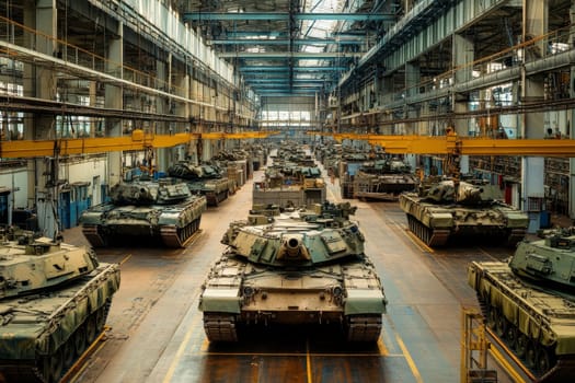 Rows of tanks in a massive industrial facility showcase the scale of military vehicle production, with overhead cranes and complex manufacturing infrastructure visible.