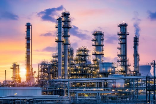 Dramatic view of an oil refinery with towering distillation columns and intricate piping systems silhouetted against a vibrant sunset sky.