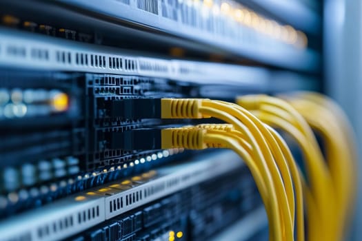 Detailed view of a server rack with multiple yellow network cables connected, illustrating high-speed data infrastructure in a modern server room.