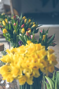 Yellow narcissuses bouquet in a glass vase. Indoors natural light shot with small depth of field