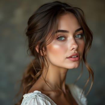Close-up portrait of a young woman with striking green eyes, flawless skin, and soft makeup, showcasing natural beauty against a blurred background.