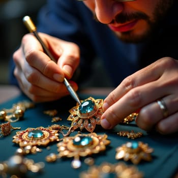 Close-up of a jeweler's hands working on an ornate gold jewelry piece with turquoise gemstones, using precision tools against a dark background.