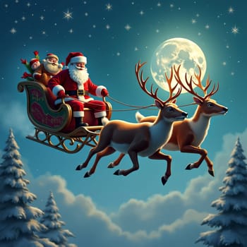 Illustration of Santa Claus in his sleigh pulled by reindeer, flying through a starry night sky with a full moon, snow-covered trees below.