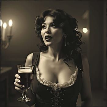 Sepia-toned portrait of a glamorous woman in vintage style, holding a glass of dark beer, with dramatic lighting and retro aesthetic.