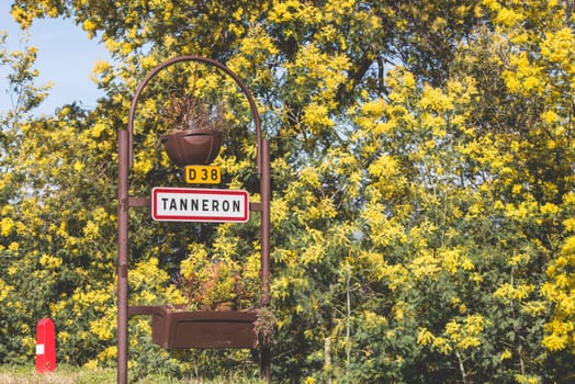Road sign of Tanneron, small town in Provence-Alpes-Cote d'Azur, France. Part of Road of mimosa.
