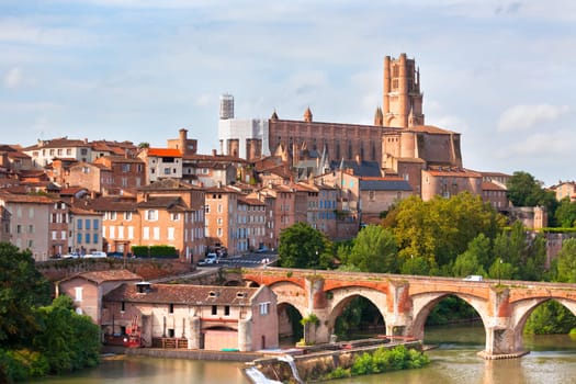 View of the August bridge and The Saint Cecile church in Albi, France. Horizontal shot