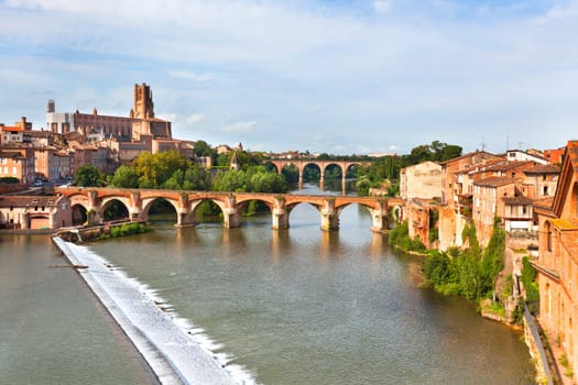 View of the August bridge and The Saint Cecile church in Albi, France. Horizontal shot