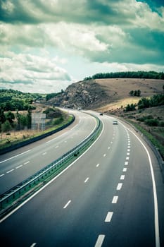 Highway through France at summer time. Top view