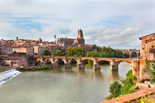 View of the August bridge and The Saint Cecile church in Albi, France. Horizontal shot