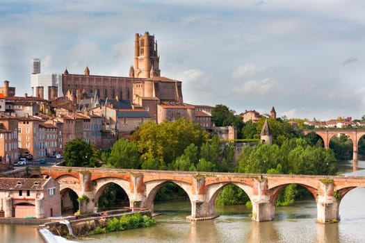 View of the August bridge and The Saint Cecile church in Albi, France. Horizontal shot