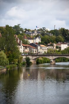 Picturesque view of Perigord town in France. Landscape with the river Vezere.