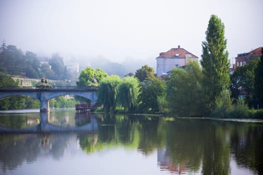 Picturesque view of Perigord town in France. Landscape with the river Vezere.