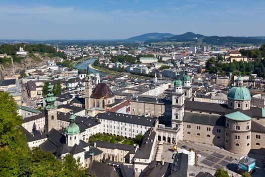 Top view of the Salzach river and the old city in center of Salzburg, Austria, from the walls of the fortress