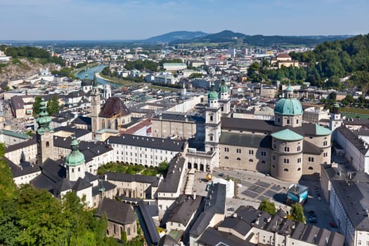 Top view of the Salzach river and the old city in center of Salzburg, Austria, from the walls of the fortress
