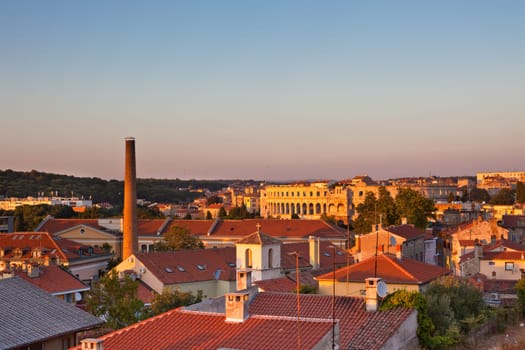 View of Pula, Croatia cityscape at sunset from above