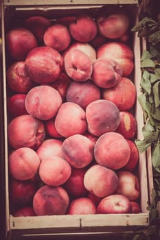 Fresh peaches selling in a market. Vertical filtered shot with a selective focus