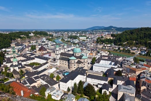 Top view of the Salzach river and the old city in center of Salzburg, Austria, from the walls of the fortress
