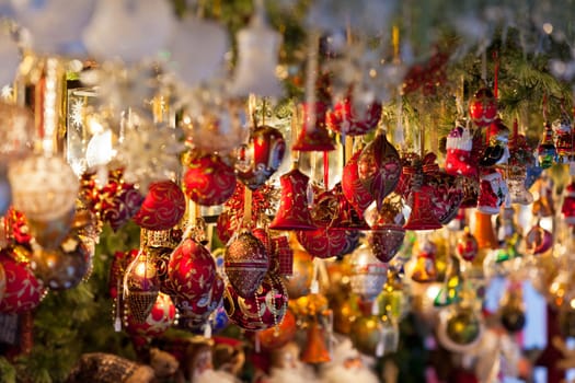 Christmas decoration on a european market. Holiday shopping
