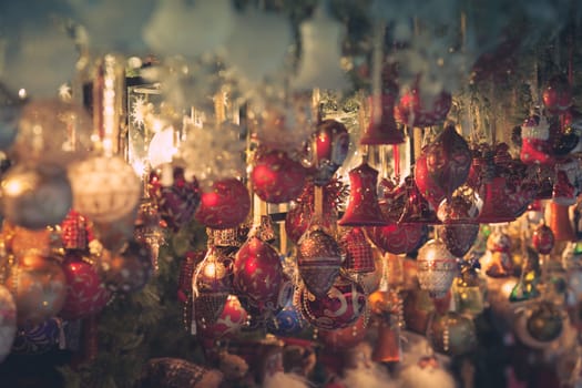 Christmas decoration on an european market. Holiday shopping