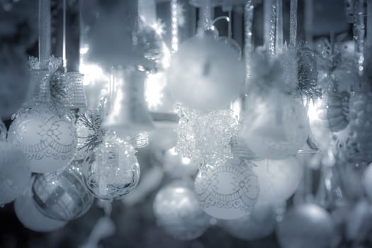 Christmas decoration on an european market. Holiday shopping