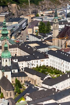 Top view of the Salzach river and the old city in center of Salzburg, Austria, from the walls of the fortress