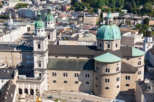 Top view of the old city in center of Salzburg, Austria, from the walls of the fortress