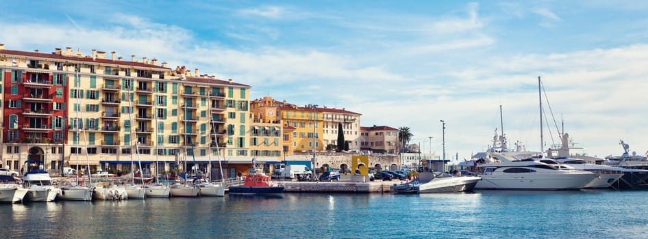View on Port of Nice and Luxury Yachts, French Riviera, France, Long wide banner