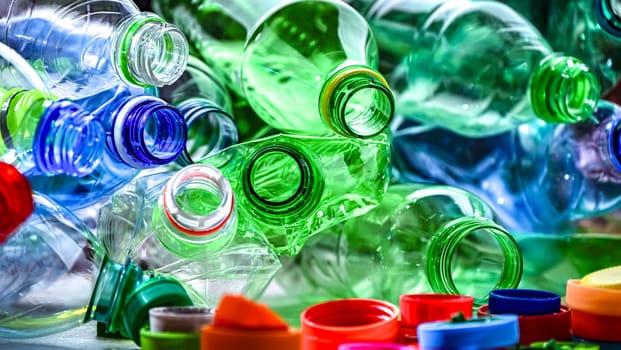 Empty colored drink bottles. Recyclable plastic waste.