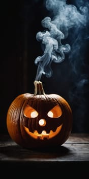 A carved pumpkin sits illuminated, emitting a soft glow while smoke curls upwards. The jack-o'-lantern features a mischievous face, capturing the essence of Halloween festivities and seasonal fun. AI