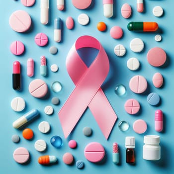 Pink ribbon and colorful pills on a blue background, symbolizing breast cancer awareness and medication