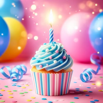 A vibrant and colorful scene of a birthday celebration. The cupcake sits in a rainbow-colored wrapper adding to the overall colorfulness of the scene