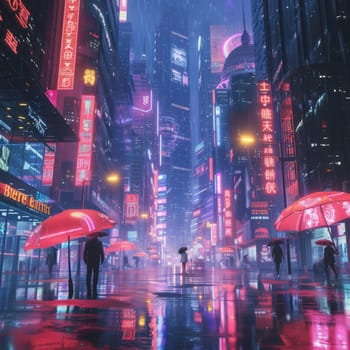 Futuristic cityscape at night with neon lights and reflections on wet streets, creating a vibrant cyberpunk atmosphere