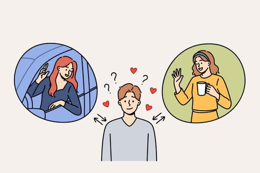 Love triangle involving man choosing girlfriend from two women, demonstrating male polygamy. Polygamy guy is romantically attracted to two girls at once and wants to date them all.