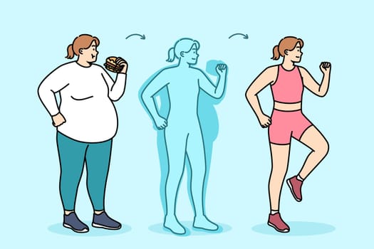 Fat woman loses weight by stopping eating fast food and starting to exercise or run. Girl loses weight by getting rid of excess calories and leading active lifestyle that improves digestion.