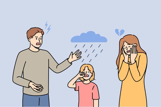 Child finds it difficult to cope with parents divorce, standing between aggressive man and upset woman. Mom and dad divorce causing stress for little daughter due to lack of common interests